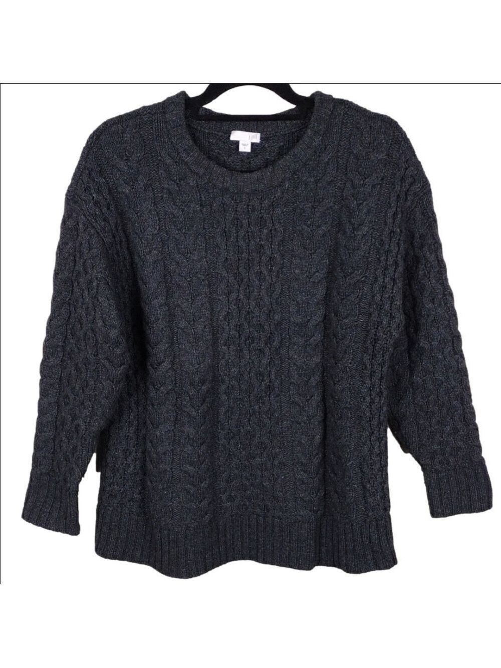 J. Jill Charcoal Lambs Wool Crew Neck Long Sleeve Pullover Cable Knit Sweater